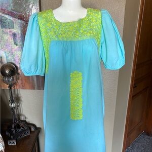 JMarie Blue Boho Dress with Lime Green Embroidery (S)